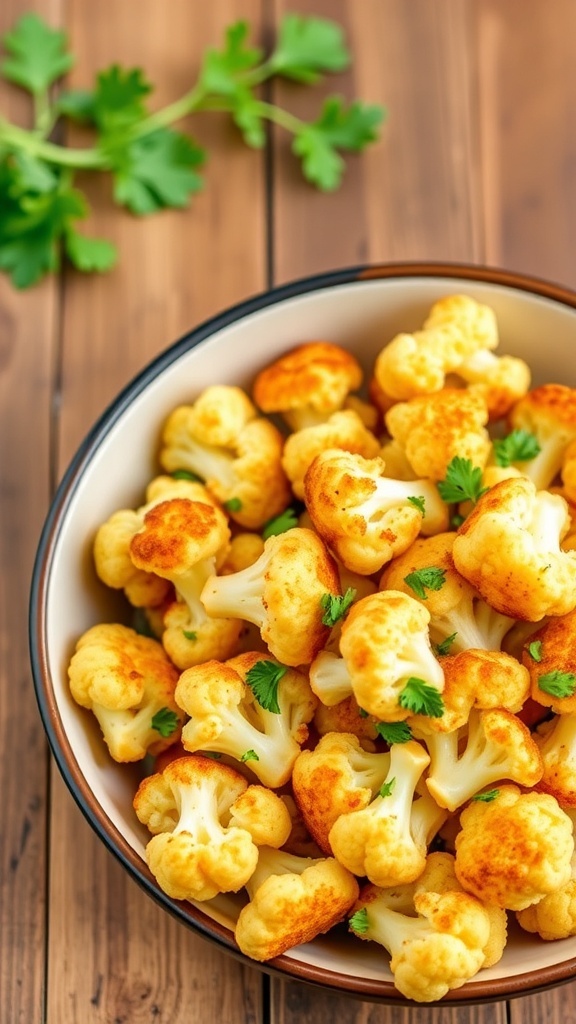 Crispy Air Fryer Cauliflower Recipe Crispy air fryer cauliflower florets garnished with parsley in a bowl on a wooden table.
